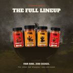 Four jars of Fynn rubs displayed together under the headline 'THE FULL LINEUP' on a dark smoky background. The labels show Smokey Pig, The Windman, Holy Grail, and Crazy Cow, with red, orange, and yellow tones.
