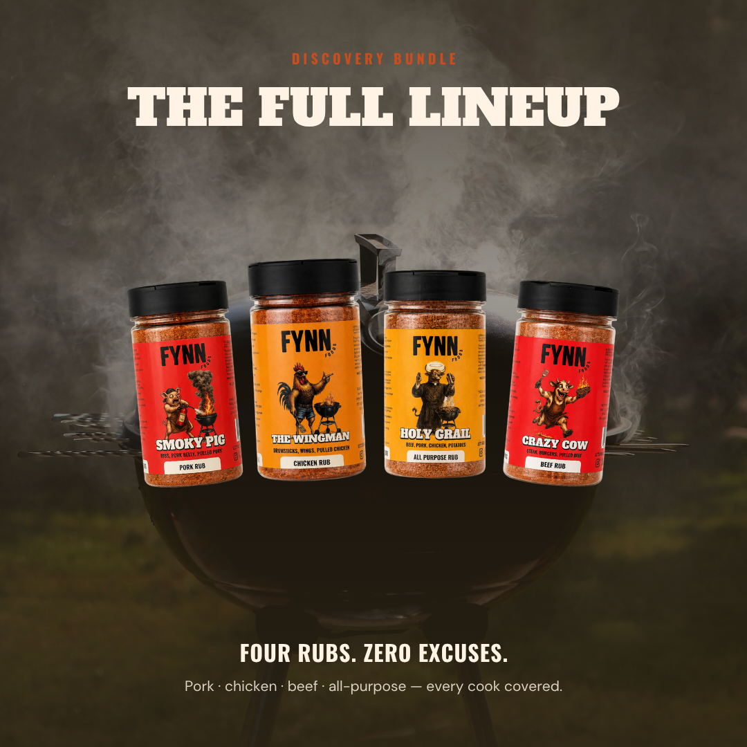 Four jars of Fynn rubs displayed together under the headline 'THE FULL LINEUP' on a dark smoky background. The labels show Smokey Pig, The Windman, Holy Grail, and Crazy Cow, with red, orange, and yellow tones.