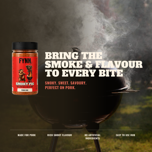 A jar of Fynn Smokey Pig rub shown next to a black kettle grill with smoke rising, on a dark outdoor background. Large text reads 'BRING THE SMOKE & FLAVOUR TO EVERY BITE' with smaller descriptive copy below.
