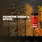 A promotional product shot showing several glass spice jars and loose spices arranged on a dark textured surface. The most prominent item is a tall jar labeled 'Fynn Smokey Pig Pork Rib' with a red label and black lid, alongside smaller jars of herbs and ground spices.