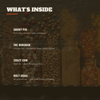 An 'What's Inside' informational graphic for a smoked rub seasoning set. The image features four glass jars filled with various spice blends and whole peppercorns, set against a dark rustic background with scattered spices.