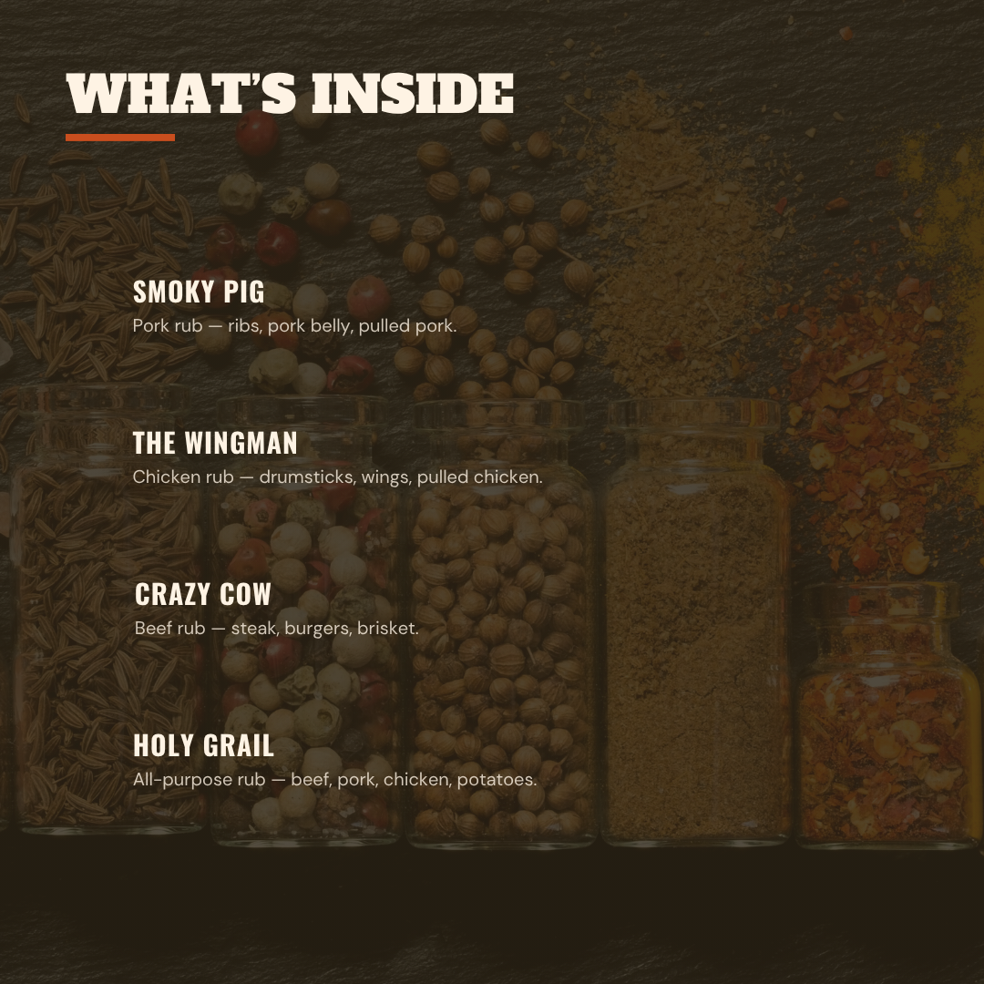 An 'What's Inside' informational graphic for a smoked rub seasoning set. The image features four glass jars filled with various spice blends and whole peppercorns, set against a dark rustic background with scattered spices.