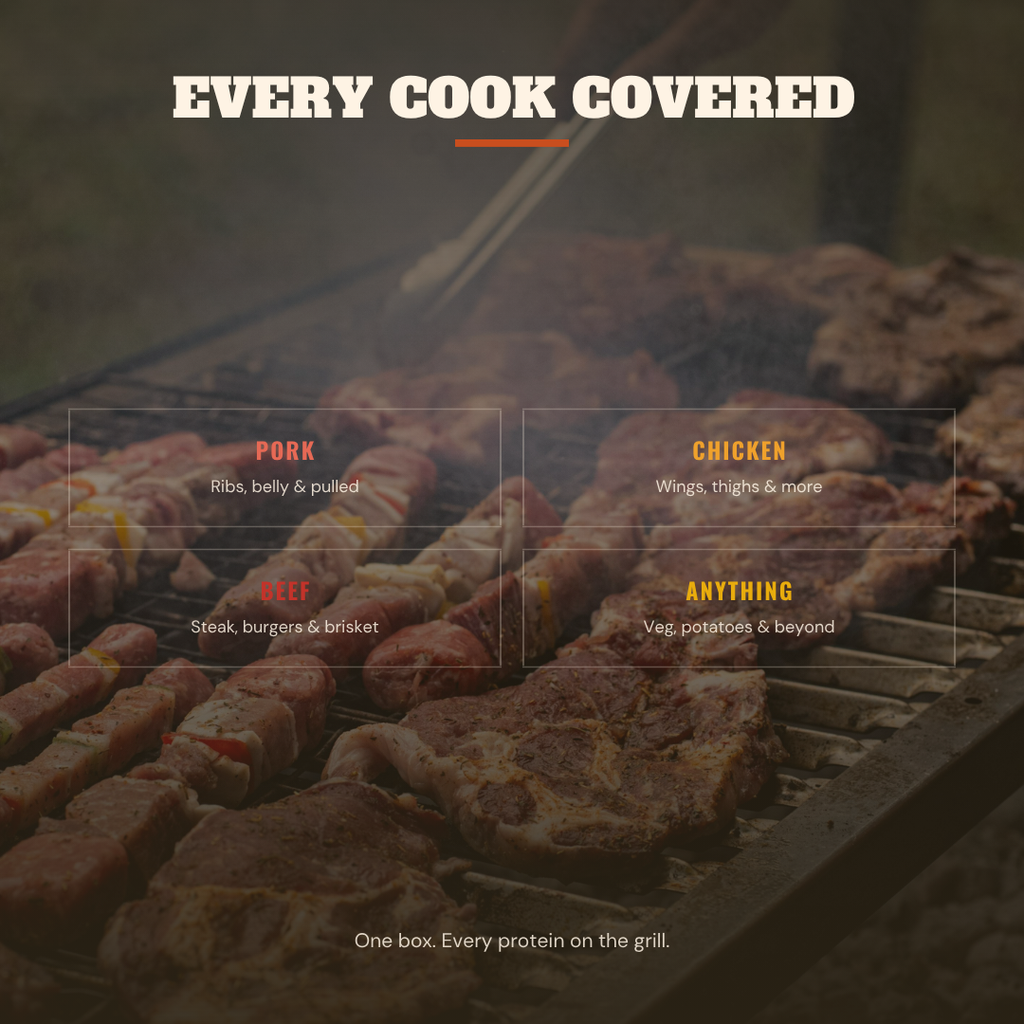 Grilled meats on a barbecue with text indicating protein options.
