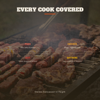 Grilled meats on a barbecue with text indicating protein options.