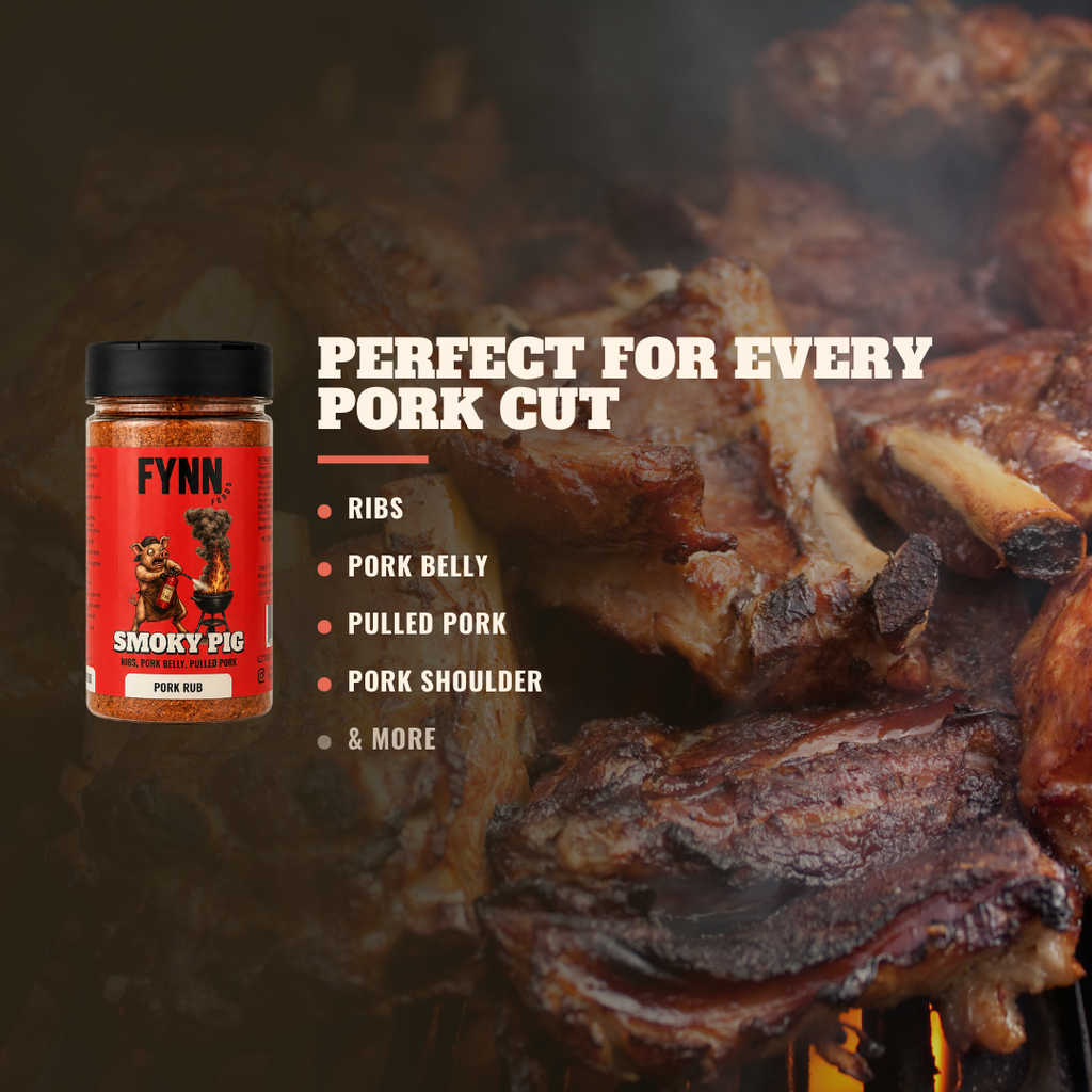 A jar of Fynn Smokey Pig rub seasoning is shown next to a close-up photo of grilled pork cuts with text reading 'PERFECT FOR EVERY PORK CUT' and listing rib, pork belly, pulled pork, pork shoulder, and more.