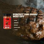A jar of Fynn. 'Crazy Cow' Hot Red beef rub shown next to a large, grilled cut of beef with text reading 'PERFECT FOR EVERY BEEF CUT' and listing steak, burgers, brisket, pulled beef, and more.