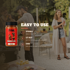 A jar of Fynn Smokey Pig BBQ rub is shown in the foreground on the left, with a large 'EASY TO USE' instructional overlay and a blurred outdoor grilling scene behind it featuring two people.
