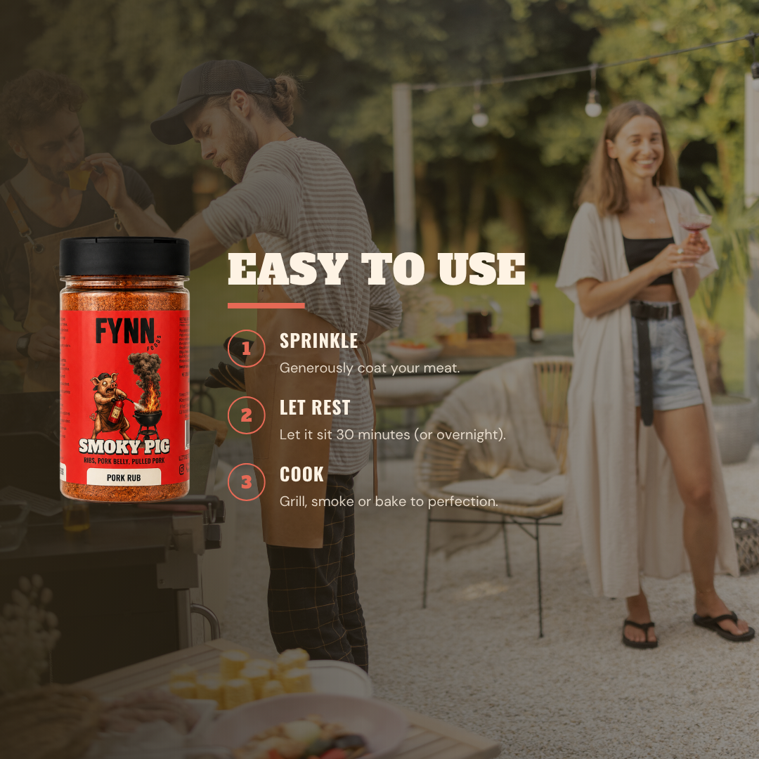 A jar of Fynn Smokey Pig BBQ rub is shown in the foreground on the left, with a large 'EASY TO USE' instructional overlay and a blurred outdoor grilling scene behind it featuring two people.