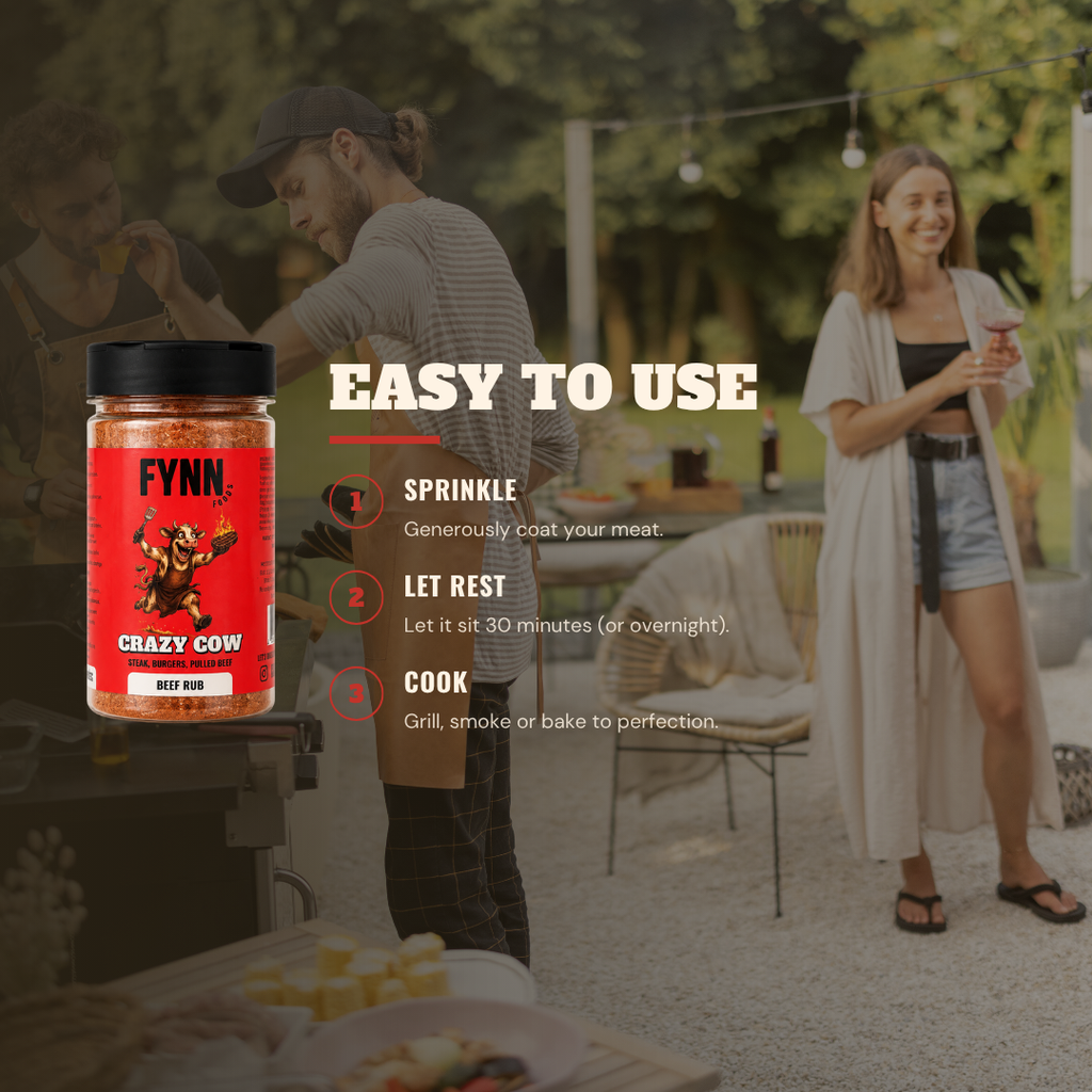 A jar of Fynn Crazy Cow Hot Sauce is shown in the foreground with a red label, set against a blurred outdoor patio scene with people cooking and dining. White text overlays read 'EASY TO USE' with step-by-step instructions.