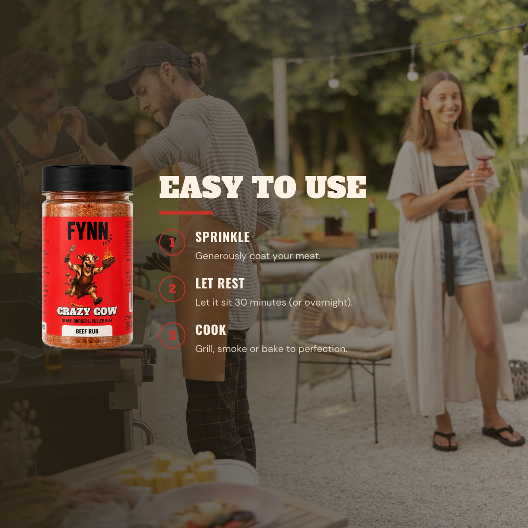 A jar of Fynn Crazy Cow Hot Sauce is shown in the foreground with a red label, set against a blurred outdoor patio scene with people cooking and dining. White text overlays read 'EASY TO USE' with step-by-step instructions.