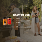 A lifestyle promotional graphic showing two people at an outdoor grill with two jars of Fynn Cranky Cook rub overlaid on the left, plus large text reading 'EASY TO USE' and three numbered usage steps.