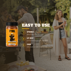 A jar of Fynn Holy Grail All Purpose Rub is shown in the foreground on a patio with people cooking and dining in the background, accompanied by an 'Easy to Use' instruction overlay.