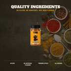 A bottle of Fynn Holy Char dry red chilies centered on a dark textured background, surrounded by bowls and piles of various spices like turmeric, red chili powder, garlic, cinnamon, and star anise. Text at the top reads 'QUALITY INGREDIENTS' and the bottom highlights 'NO MSG', 'NO ARTIFICIAL FLAVOURS', 'PREMIUM SPICES', and 'ALL NATURAL'.