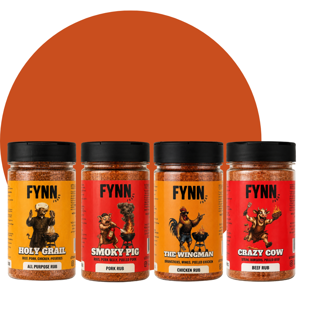 Four jars of Fynn Co. smoked rub seasoning arranged in a row against a white background with a large orange semi-circle behind them.