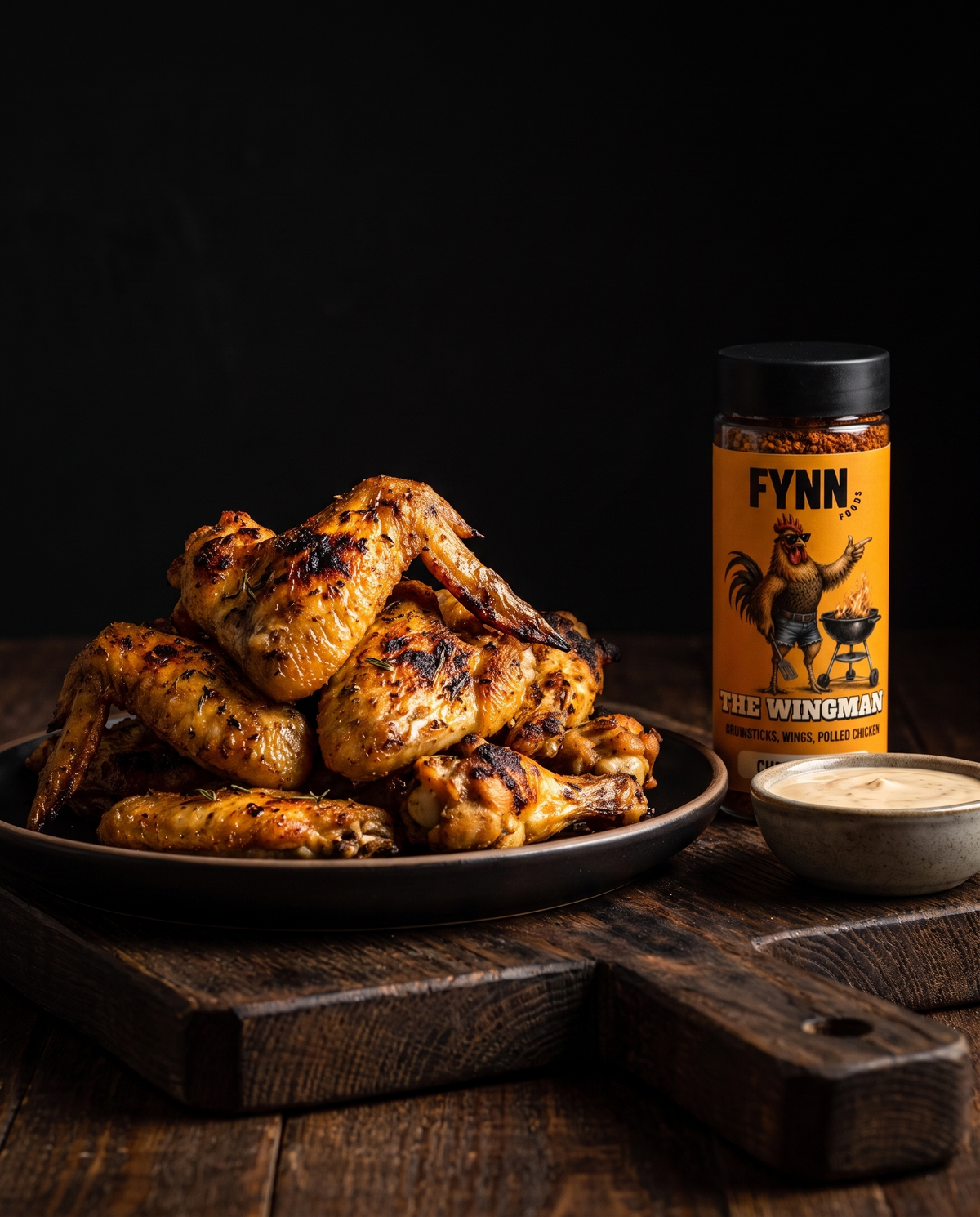 Crispy golden chicken wings tossed in FYNN The Wingman rub