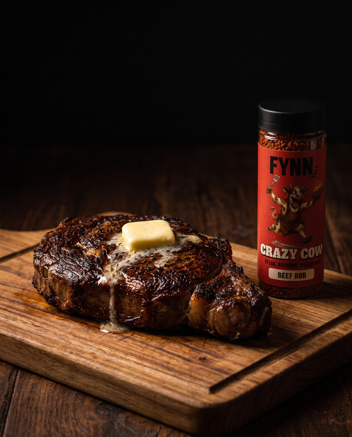 Reverse-seared ribeye steak crusted with FYNN Crazy Cow rub
