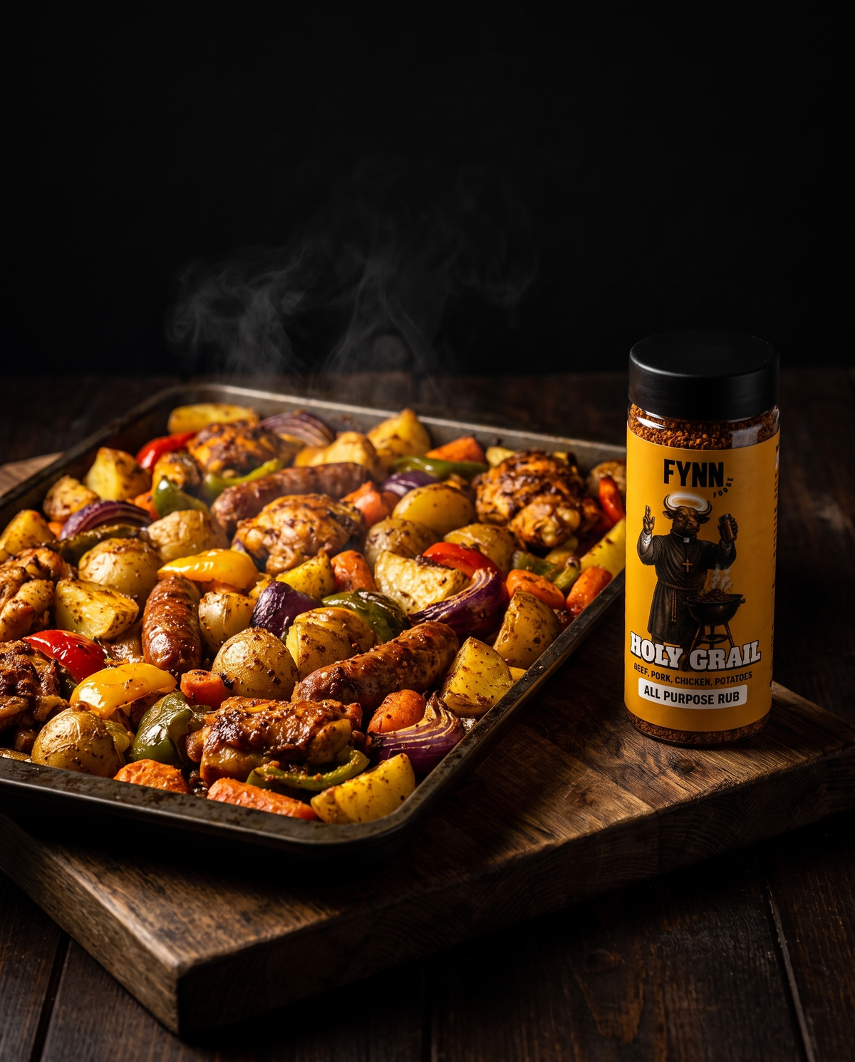 Roasted chicken, potato and veg traybake seasoned with FYNN Holy Grail rub