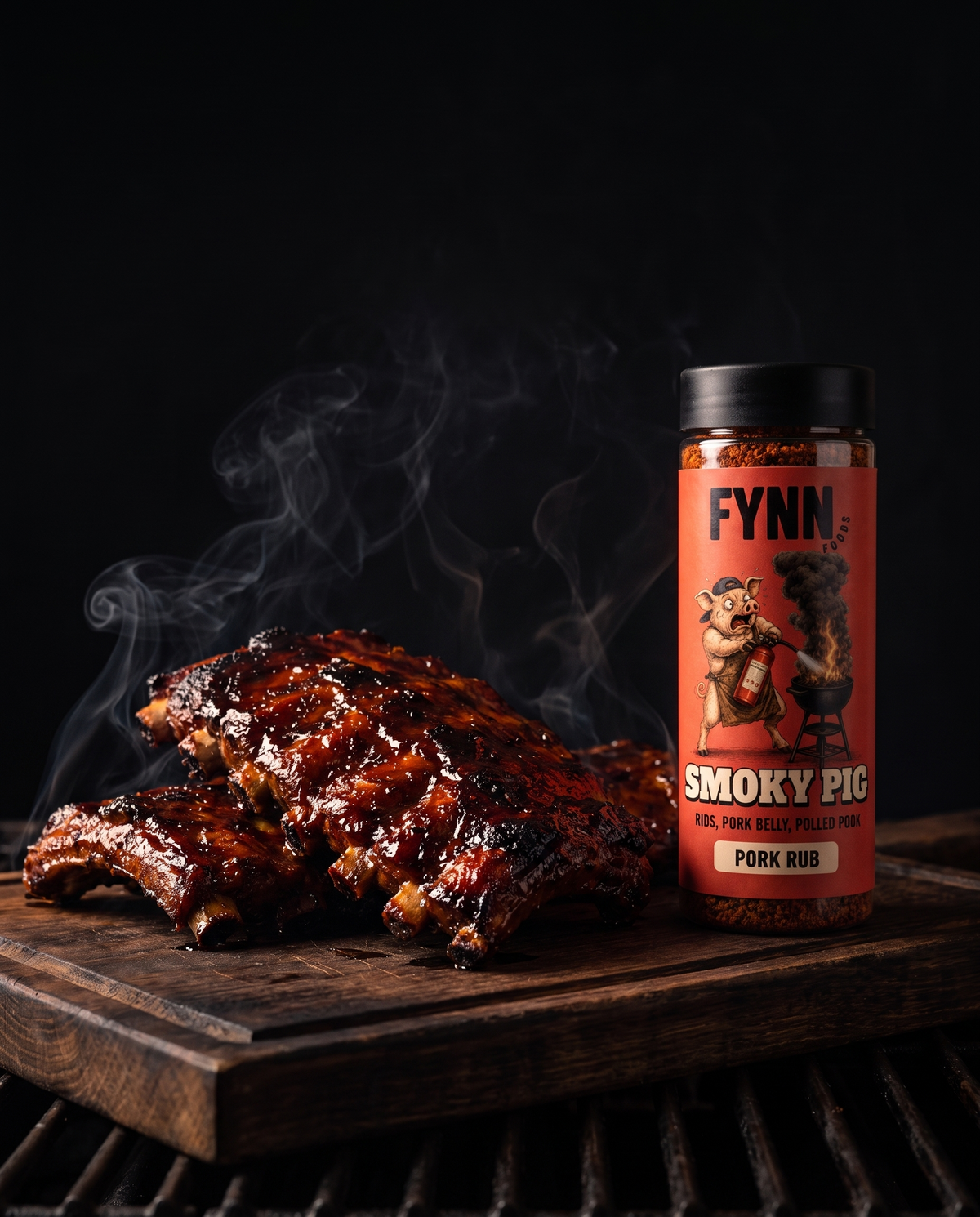 Sticky glazed smoked pork ribs seasoned with FYNN Smoky Pig rub