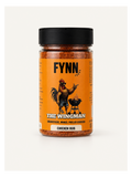 A jar of Fynn Foods 'The Wingman' Chicken Rub spice rub, featuring an orange label with a rooster graphic and a black lid, set against a plain off-white background.
