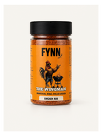 A jar of Fynn Foods 'The Wingman' Chicken Rub spice rub, featuring an orange label with a rooster graphic and a black lid, set against a plain off-white background.